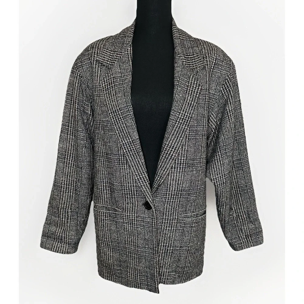 VTG Adolfo International Women 100% Silk Oversized Glen Plaid Gray Blazer‎ SMALL